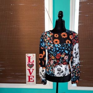 Floral design puff long sleeve blouse